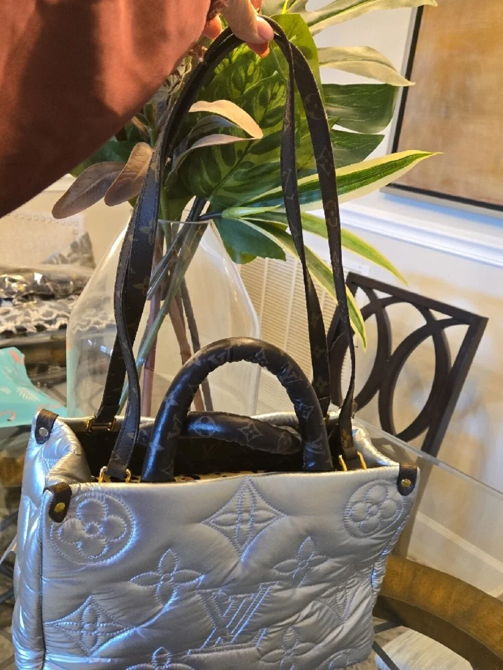 Silver Quilted Puffy Monogram Large New Satchel 14